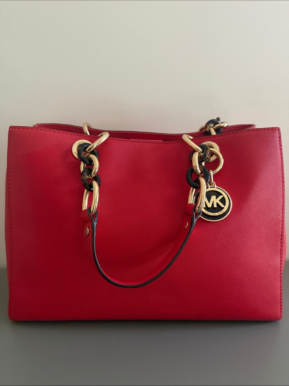 Michael Kors Red Saffiano Satchel with Gold Chain Accents